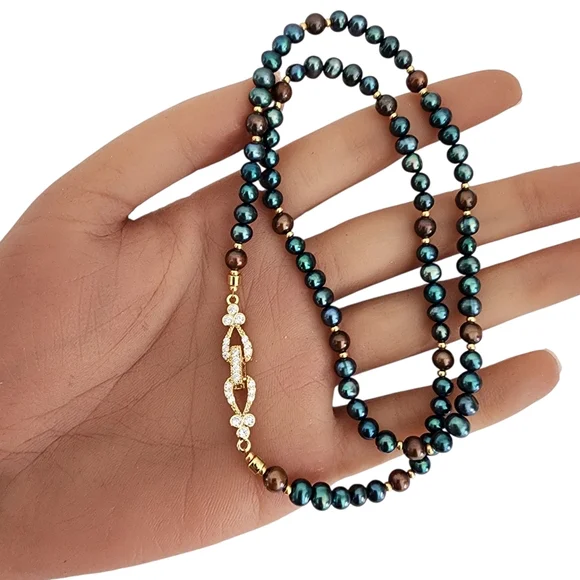 Vintage pearl necklace gold filigree clasp blue brown baby pearls A0215 -Q5 -Q2 - Picture 13 of 16